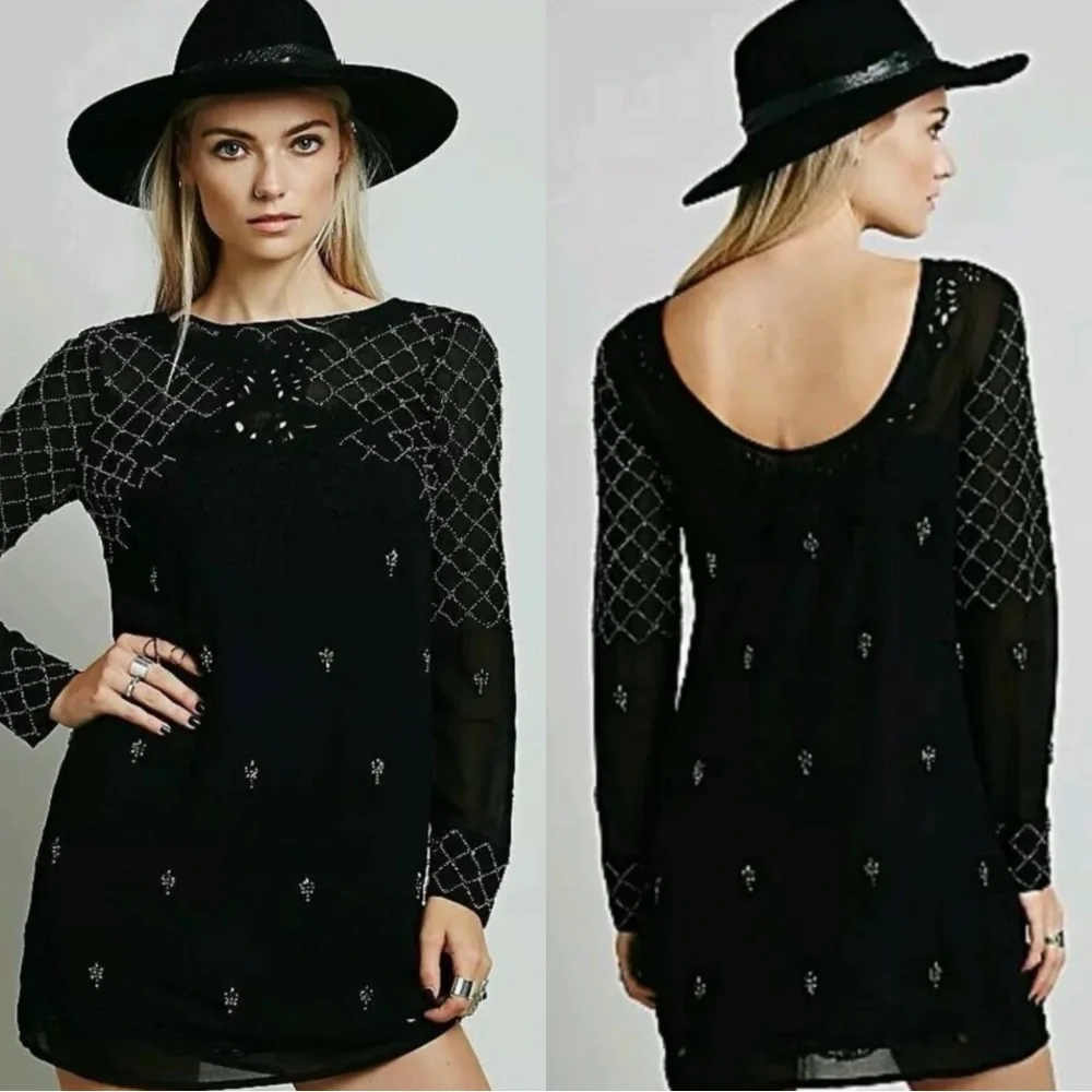 FREE PEOPLE Unchain My Heart Beaded Embroidered Black Long Sleeve Mini Dress